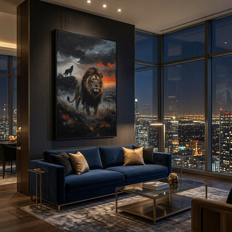 Black framed canvas wall art showing a lion portrait with wolf silhouette and sunset sky