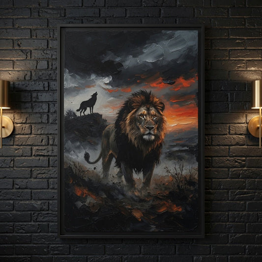 Black framed canvas wall art with lion face and wolf silhouette against stormy sunset