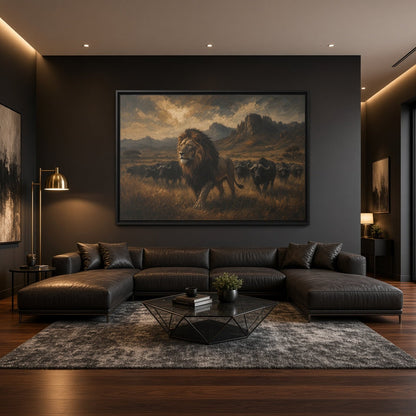 Framed lion and buffalo herd canvas wall art with black border frame