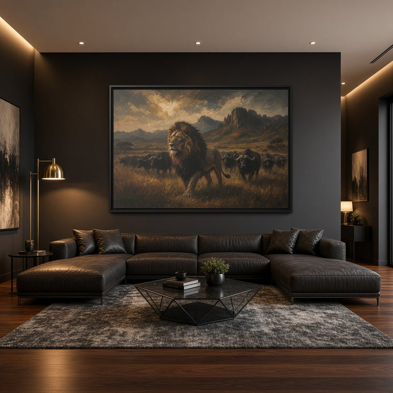 Framed lion and buffalo herd canvas wall art with black border frame