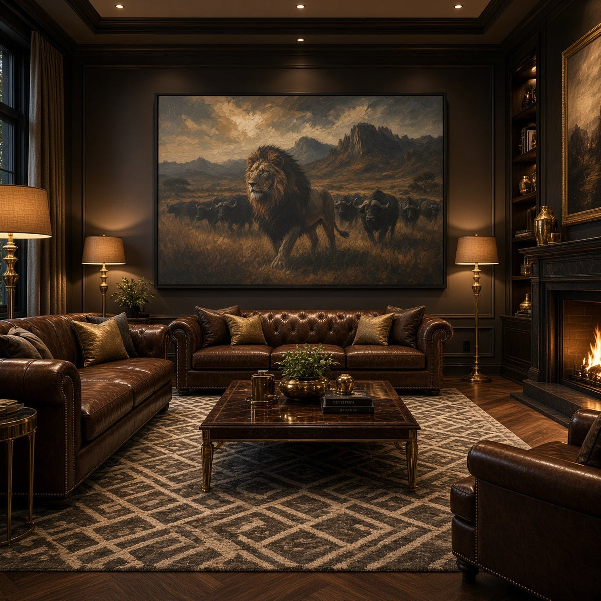 Framed lion and buffalo herd canvas wall art, warm earth-tone scenery