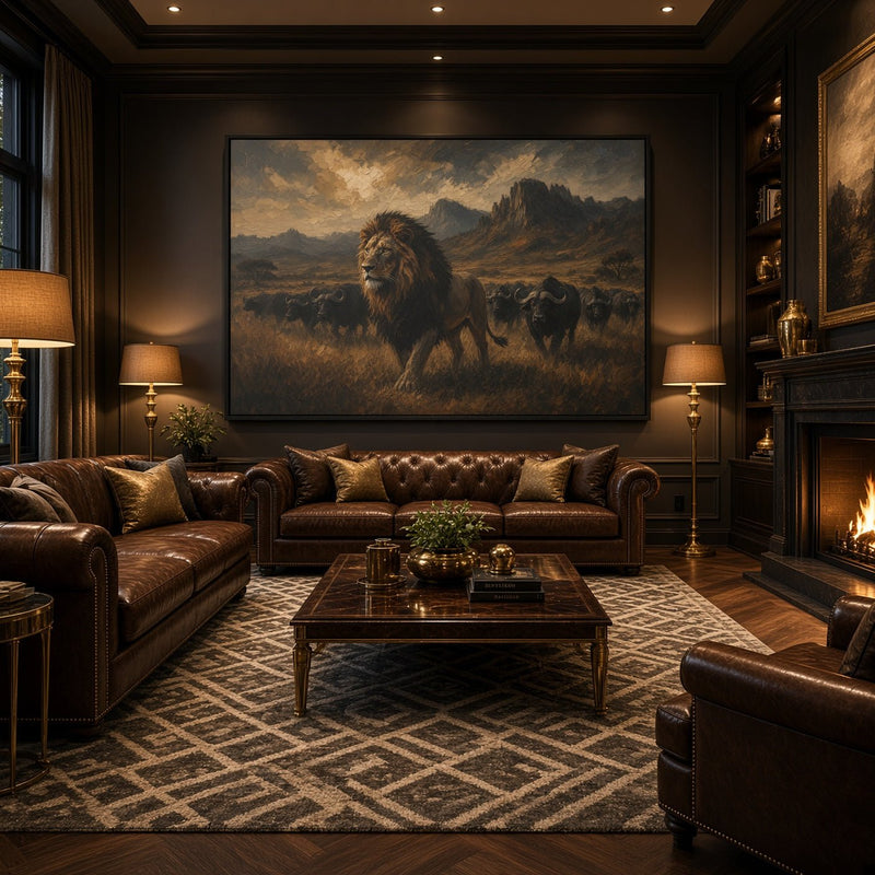 Framed lion and buffalo herd canvas wall art, warm earth-tone scenery