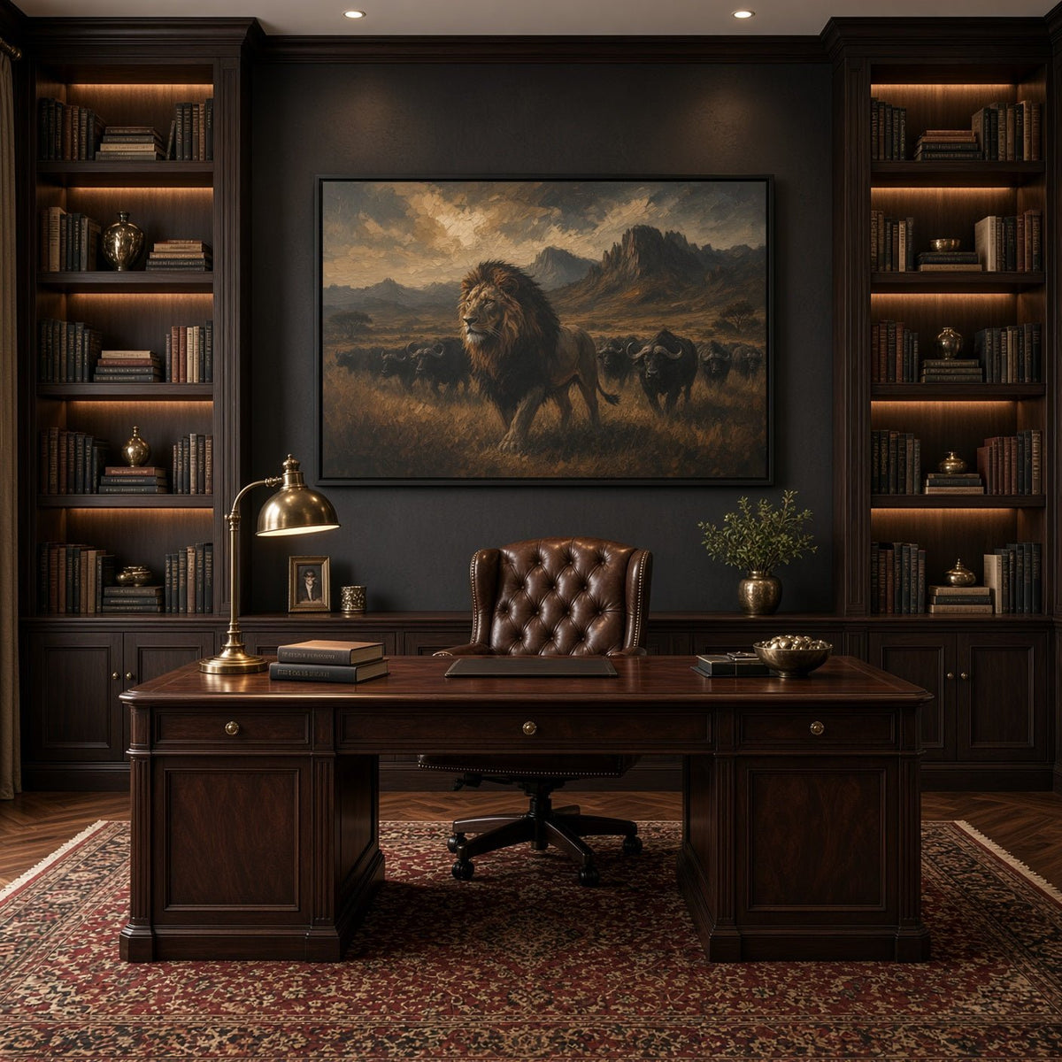 Framed lion and buffalo herd canvas wall art, centered on dark background