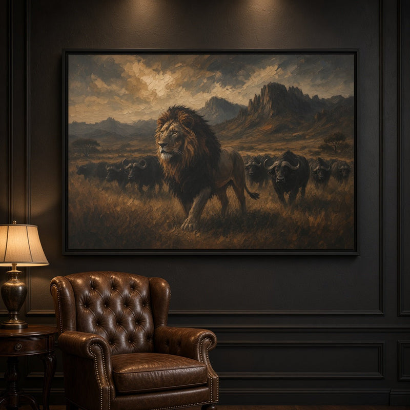 Framed lion and buffalo herd canvas wall art, lion in the foreground