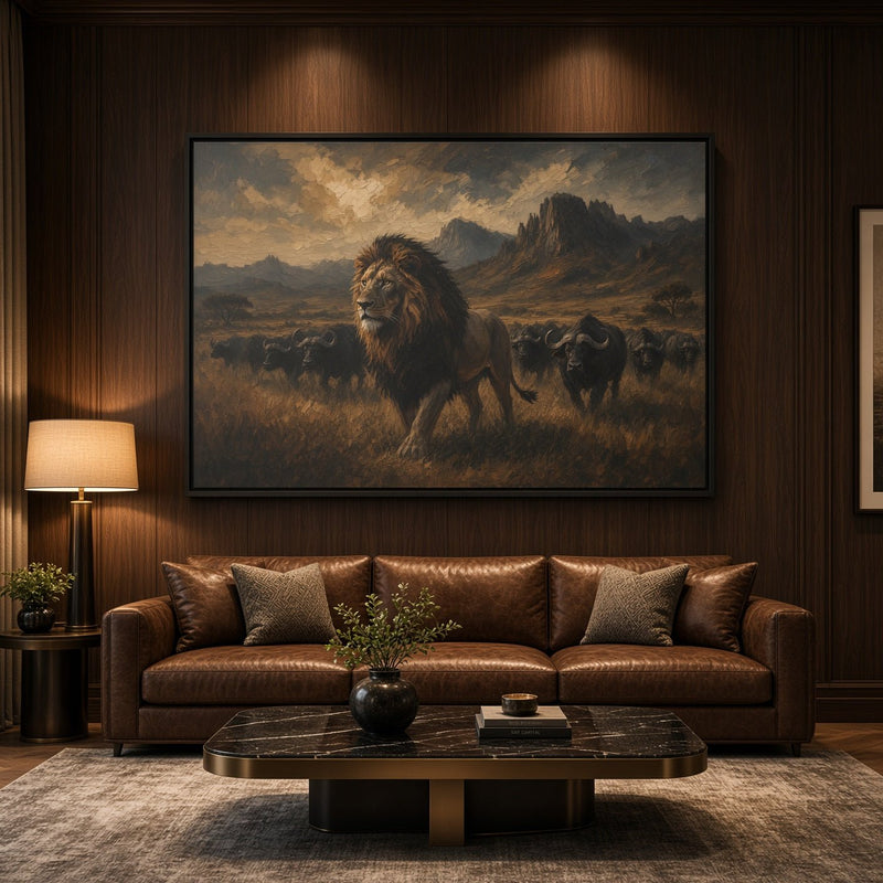Framed lion and buffalo herd canvas wall art with black frame