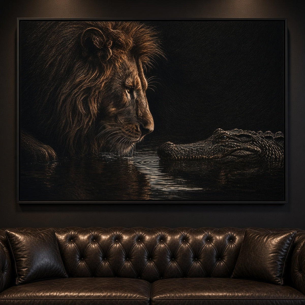 Close-up framed lion and alligator canvas wall art, lion face and gator head visible.