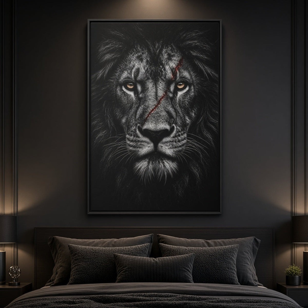Black framed lion portrait canvas with red nose line, lion face close-up