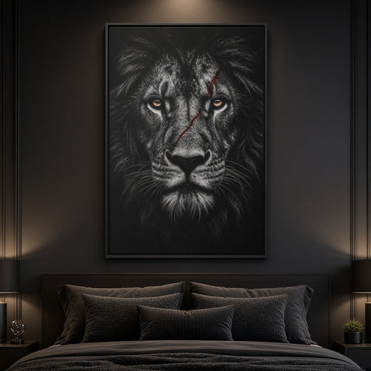 Black framed lion portrait canvas with red nose line, lion face close-up