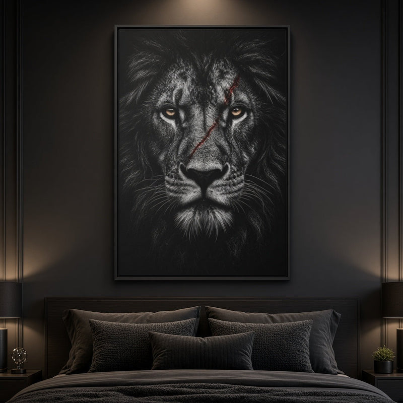 Black framed lion portrait canvas with red nose line, lion face close-up