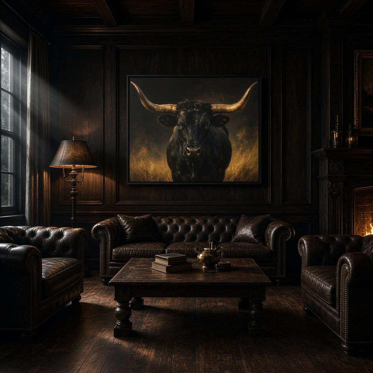 Black longhorn bull portrait canvas in black frame, horns and dark muzzle