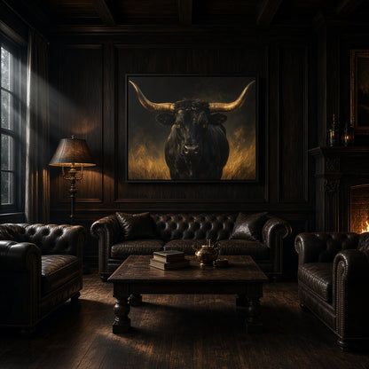 Black longhorn bull portrait canvas in black frame, horns and dark muzzle