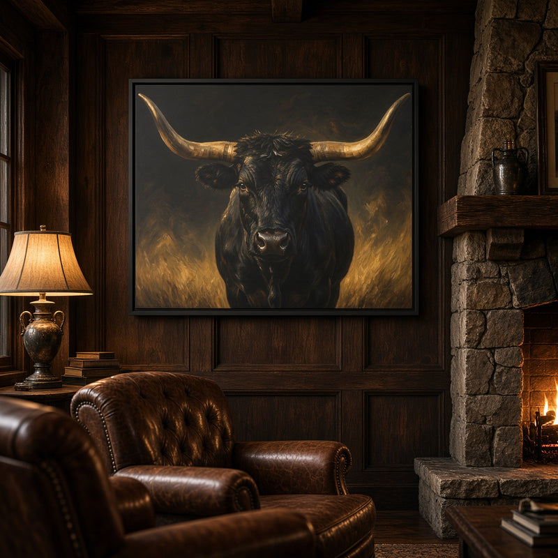 Black longhorn bull portrait canvas in black frame, partial horns and bull head