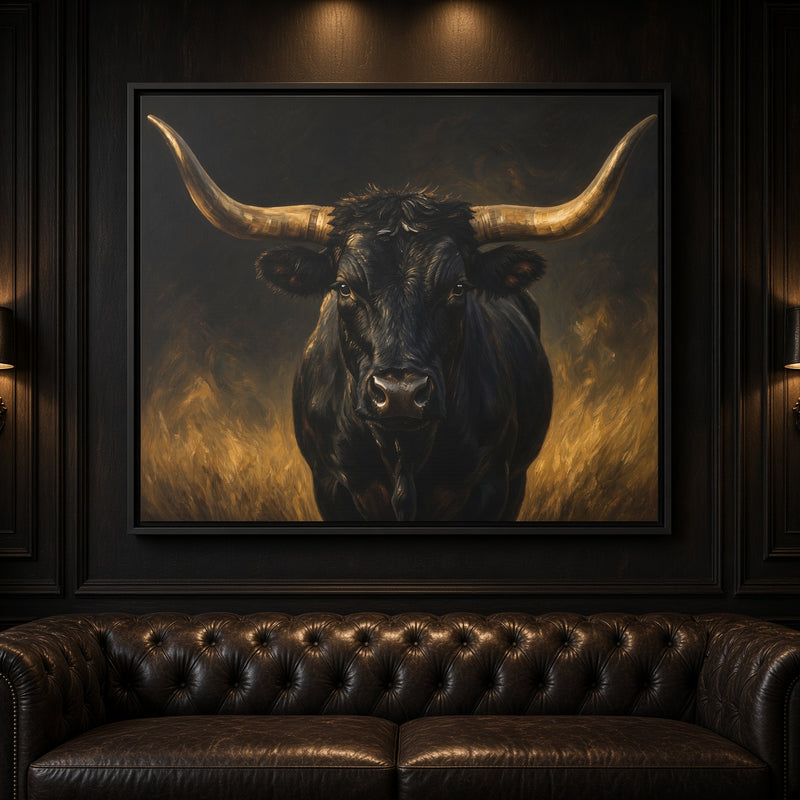 Black longhorn bull portrait canvas in black frame, centered bull head with horns