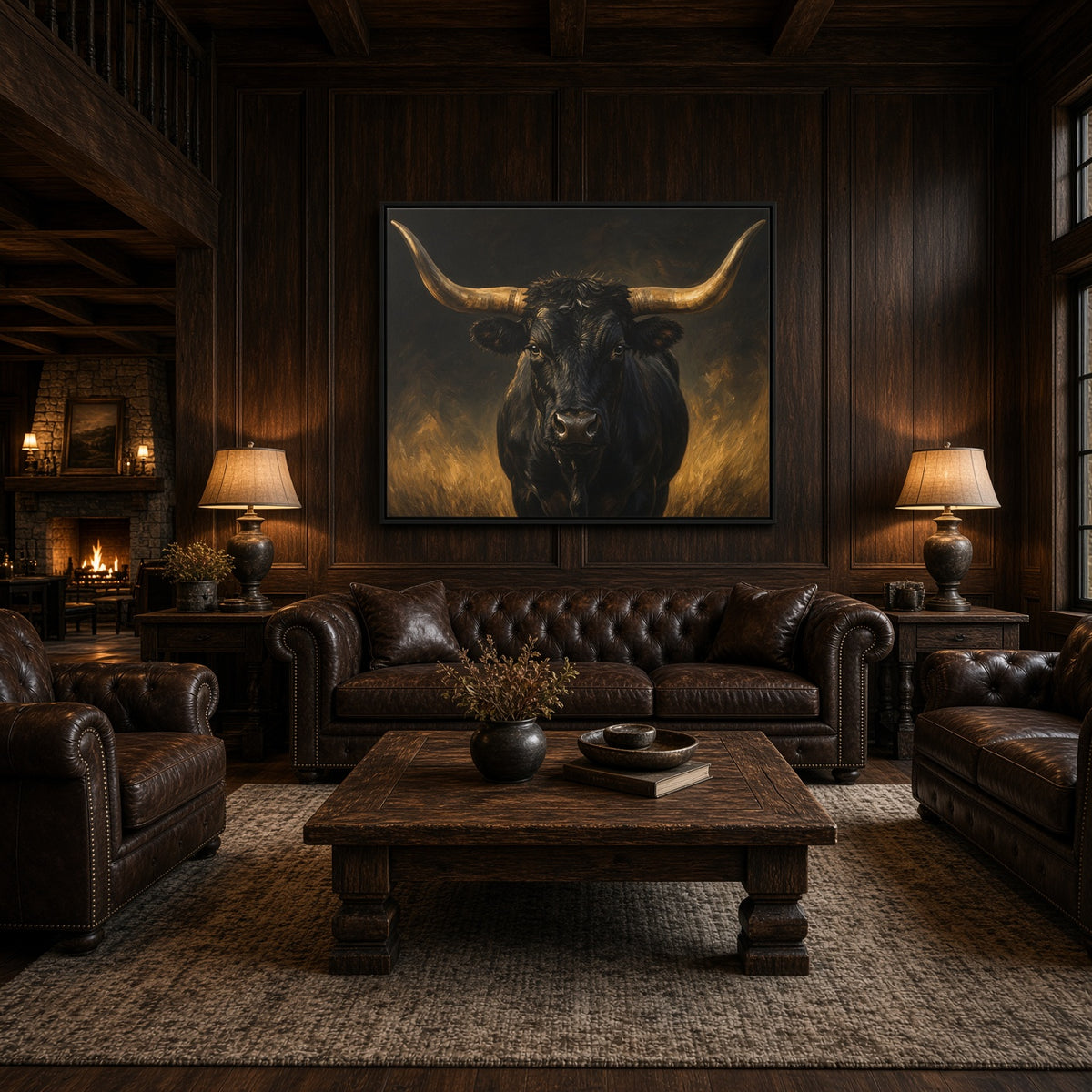 Black longhorn bull portrait canvas in black frame, full bull with upward horns