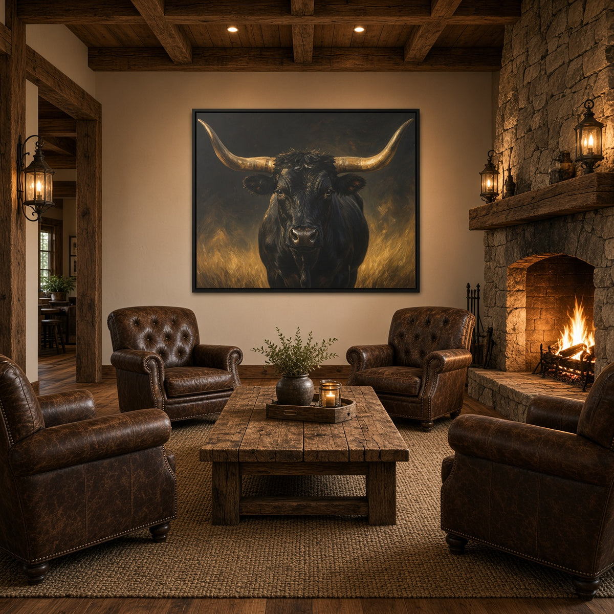 Black longhorn bull portrait canvas in black frame, bull face with wide horns