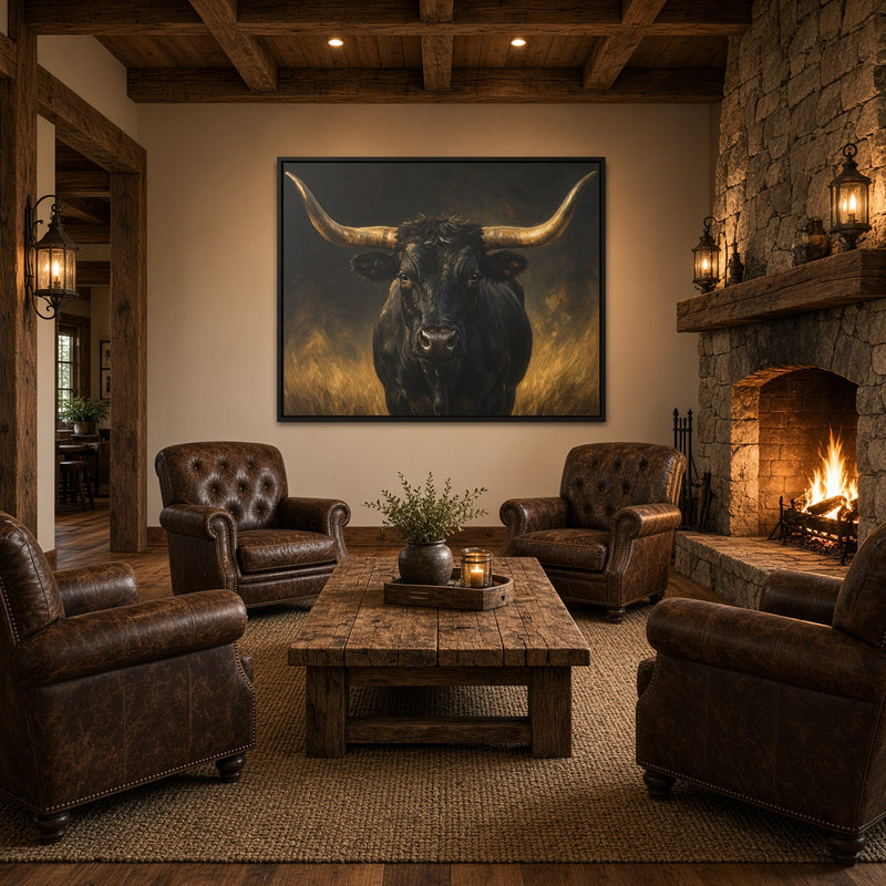 Black longhorn bull portrait canvas in black frame, bull face with wide horns