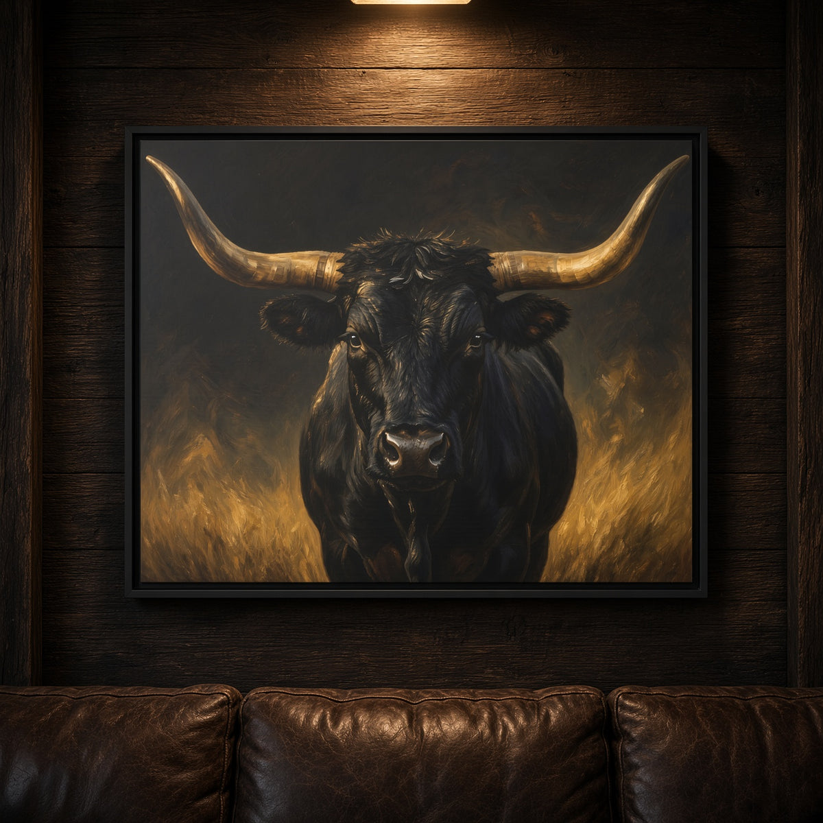 Black longhorn bull portrait canvas in black frame, detailed muzzle and horns