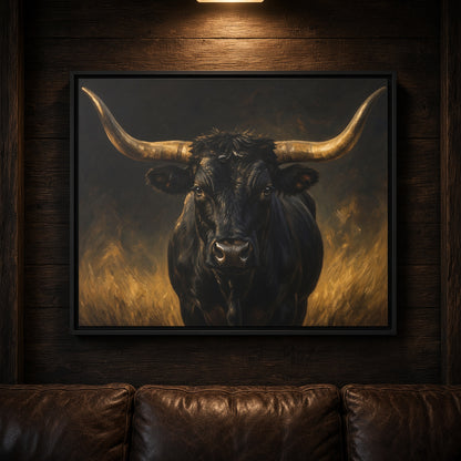 Black longhorn bull portrait canvas in black frame, detailed muzzle and horns