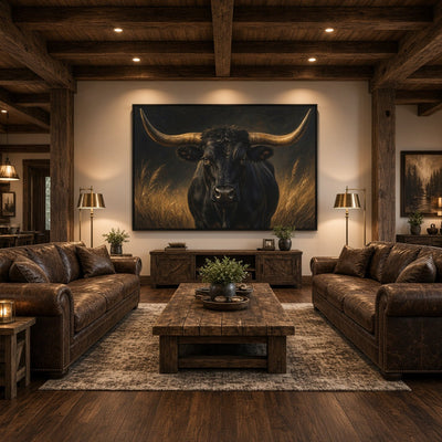 Black canvas wall art featuring a close-up portrait of a longhorn with sweeping horns