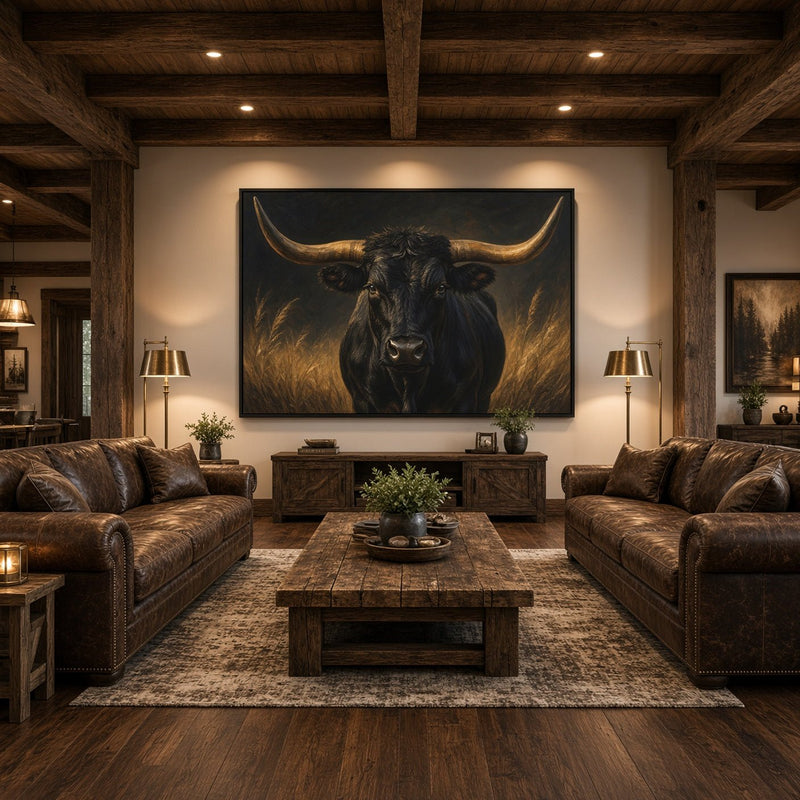 Black canvas wall art featuring a close-up portrait of a longhorn with sweeping horns