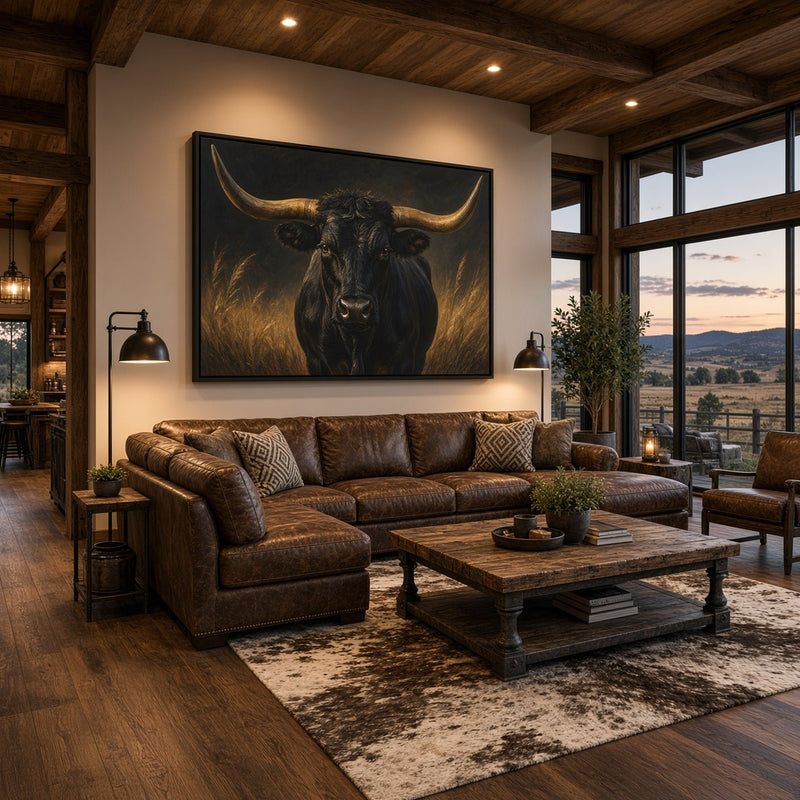 Framed longhorn canvas with a black bull portrait and curved gold horns