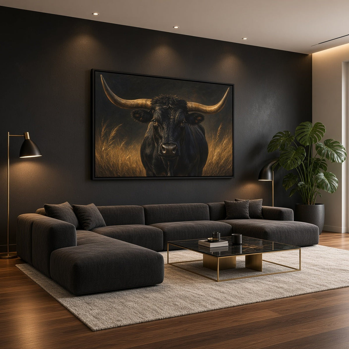Longhorn canvas print with a dark bull portrait and gold-toned horns