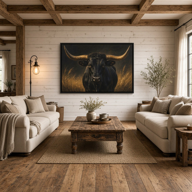 Canvas artwork of a black longhorn bull in golden grass