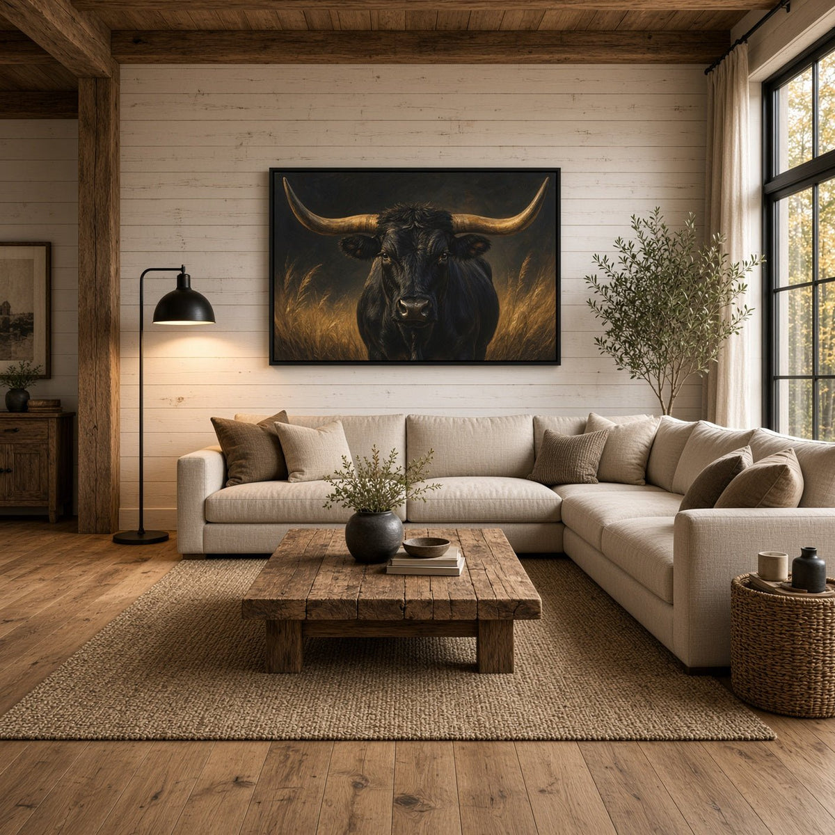 Longhorn canvas featuring a black bull with wide golden horns