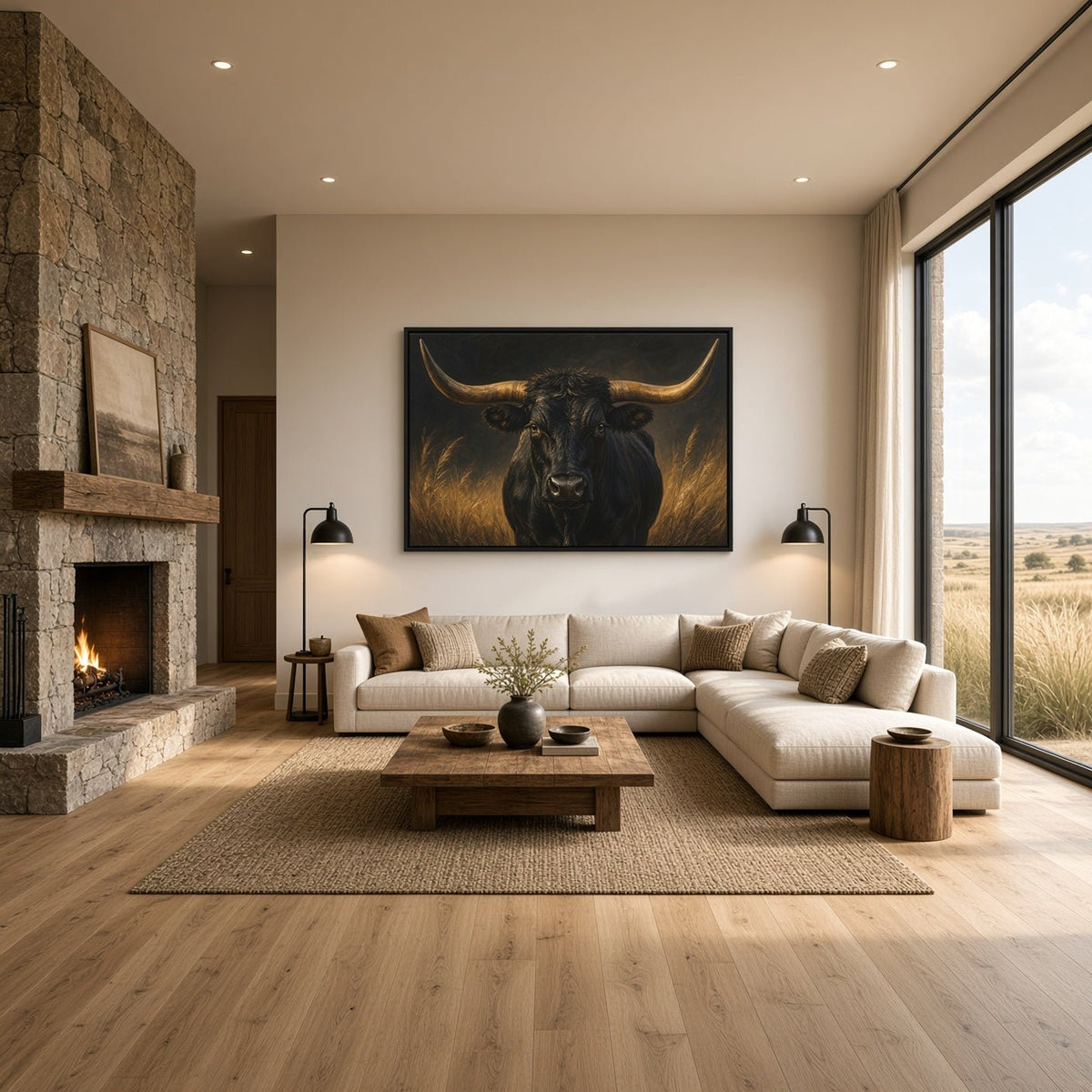 Gold and black canvas print with a centered portrait of a longhorn bull