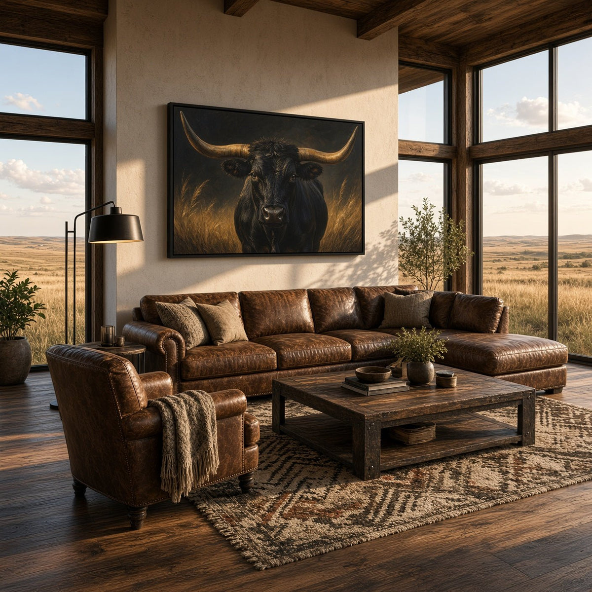 Longhorn canvas showing a black bull with gold horns and golden grass