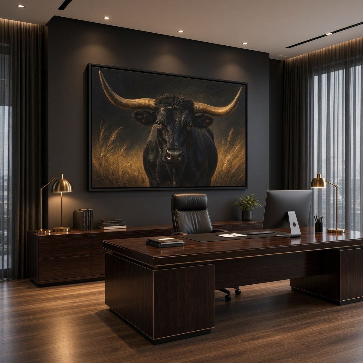 Framed canvas print of a black longhorn bull against golden grass