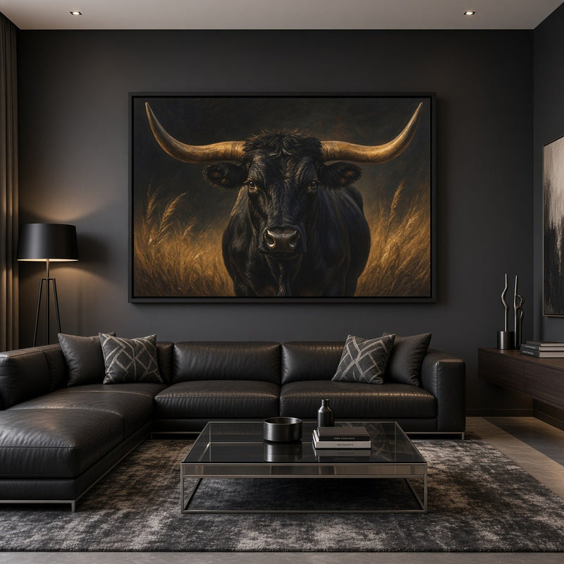 Longhorn canvas with a front-facing black bull and sweeping gold horns