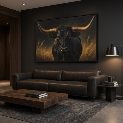 Gold and black longhorn canvas featuring a close-up portrait of a bull in golden grass