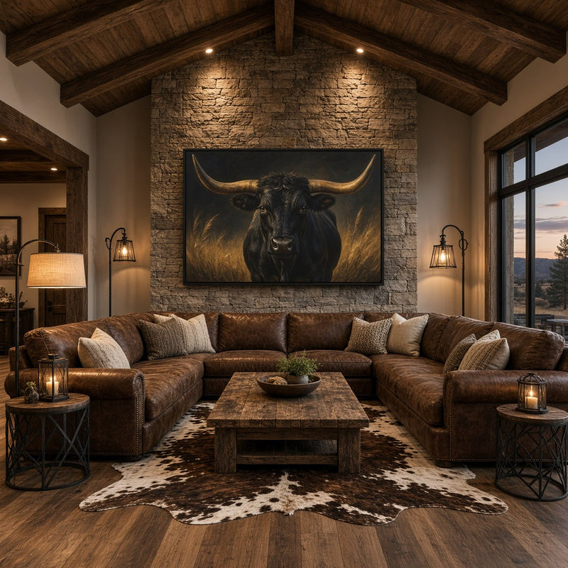 Longhorn canvas artwork displayed on a stone wall