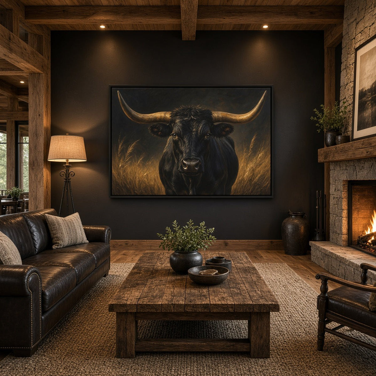 Framed longhorn bull canvas displayed above a living room sofa