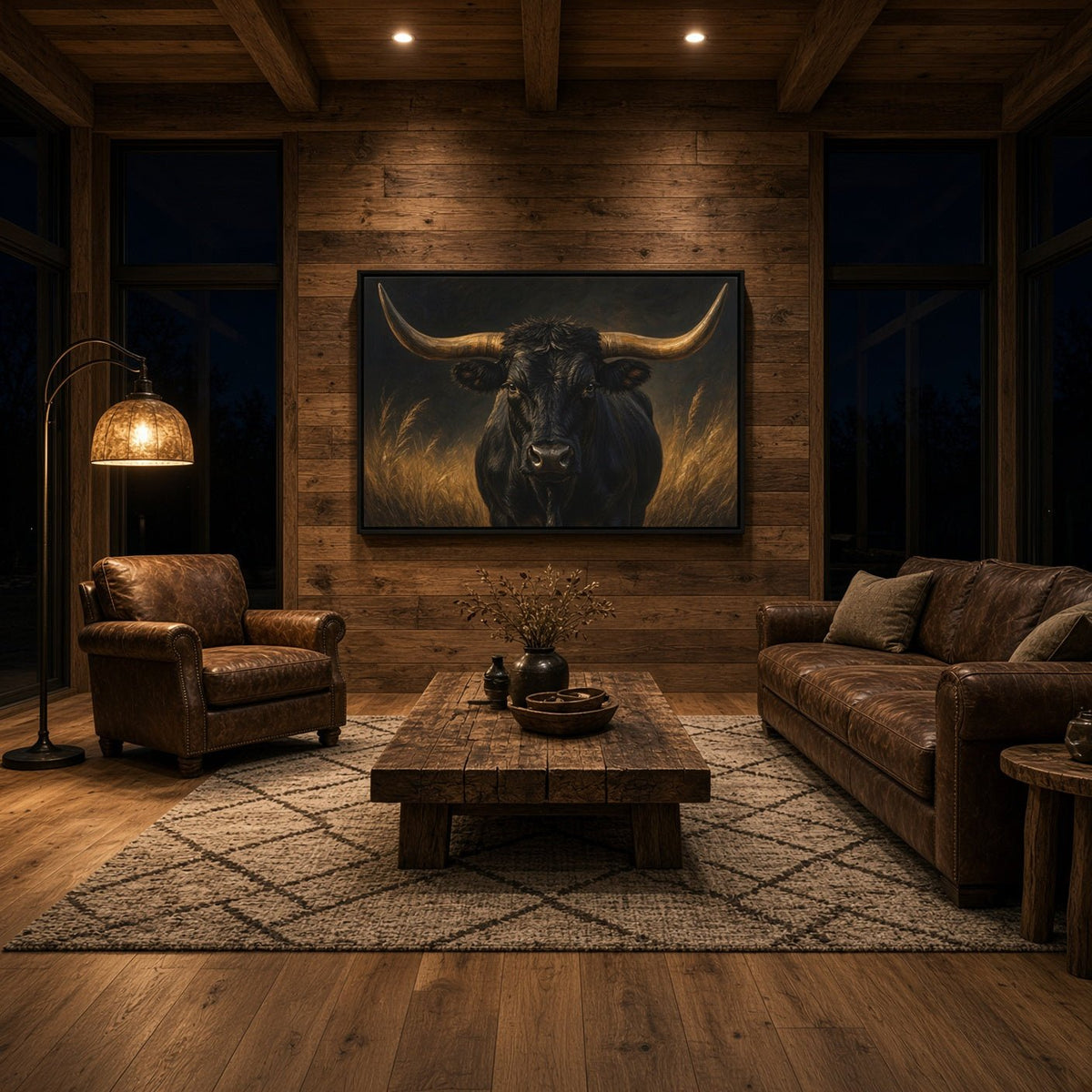 Longhorn canvas wall art displayed above a sofa