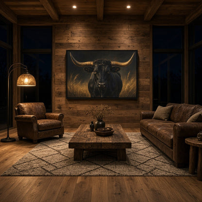 Longhorn canvas wall art displayed above a sofa