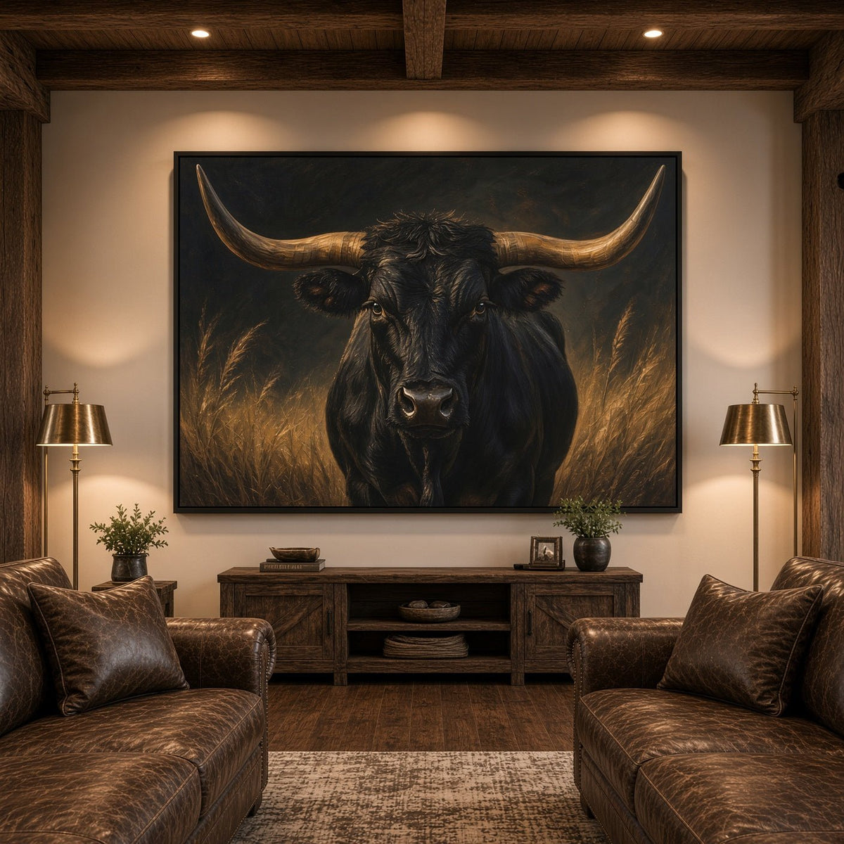 Longhorn canvas print featuring a black bull and golden grass