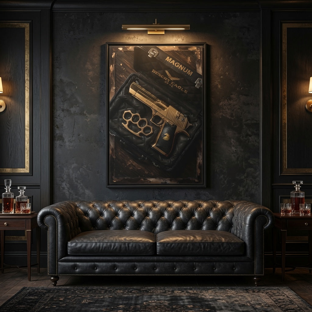 Framed canvas wall art with gold handgun and brass knuckles, centered in black frame