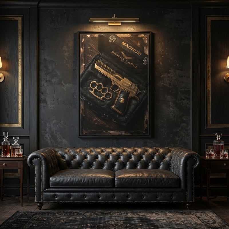 Framed canvas artwork centered on Desert Eagle pistol and brass knuckles, gold highlights