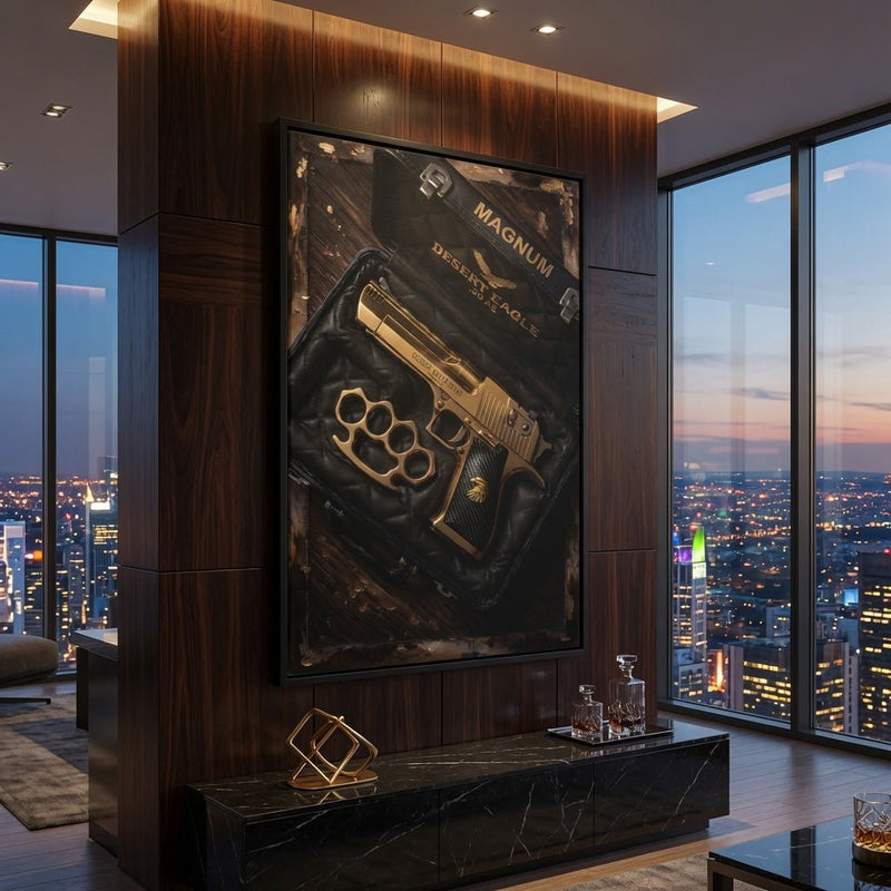 Framed canvas artwork of Desert Eagle pistol and brass knuckles in a black frame