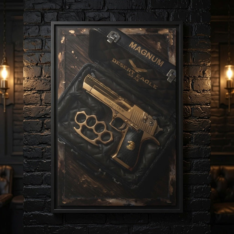 Framed canvas artwork of Desert Eagle pistol with brass knuckles, black leather-style look