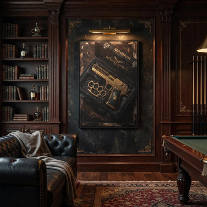 Framed canvas wall art with handgun and brass knuckles, ornate frame, warm gold highlights