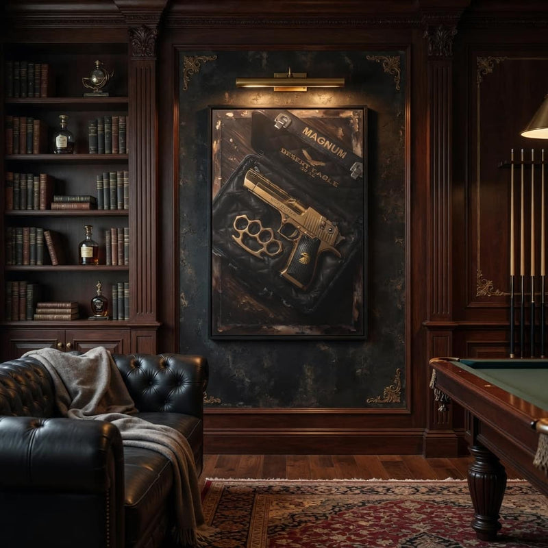 Framed canvas artwork on wall with gold Desert Eagle handgun and brass knuckles