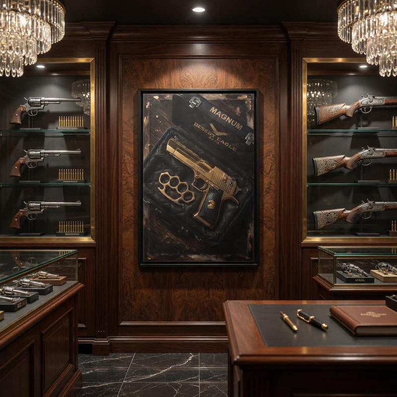 Framed canvas wall art centered in a display room, gold pistol and brass knuckles artwork