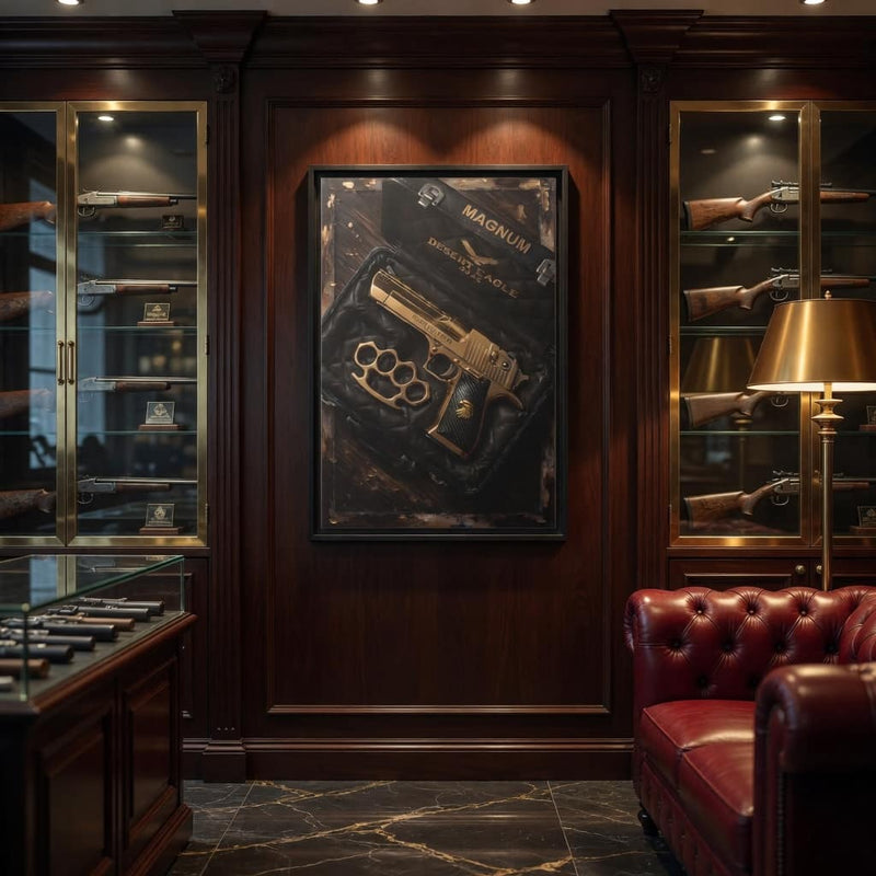 Framed canvas mounted on wall featuring a gold Desert Eagle handgun and brass knuckles