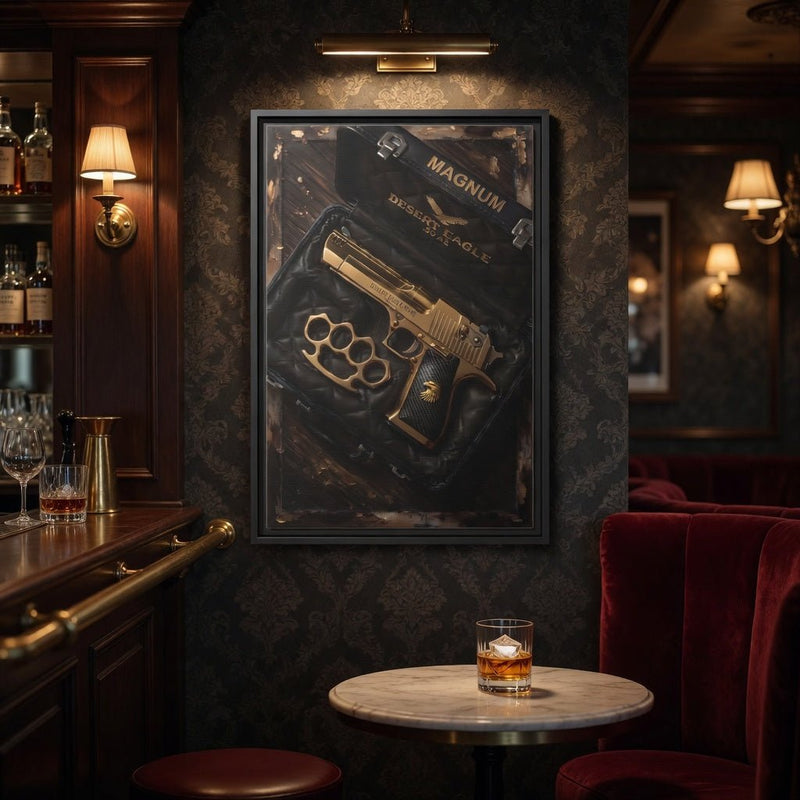 Framed canvas mounted on wall, gold Desert Eagle handgun and brass knuckles artwork