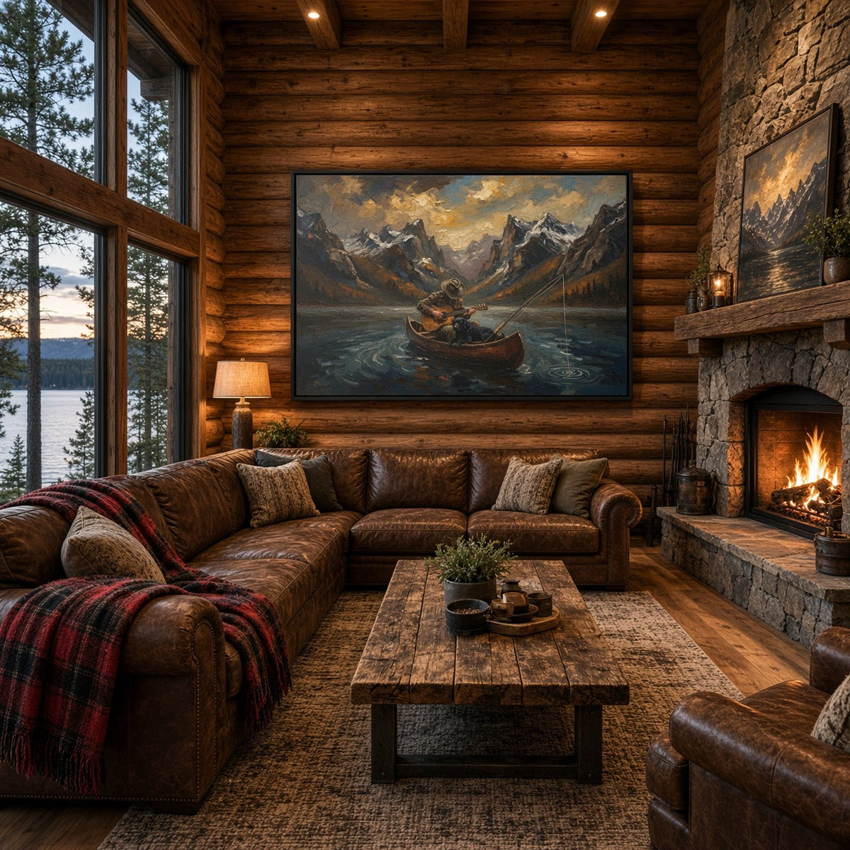 Framed canvas wall art featuring boat with guitar-playing dog on mountain lake