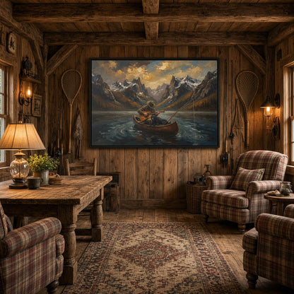 Framed canvas wall art of guitar-playing dog in a small boat on mountain lake