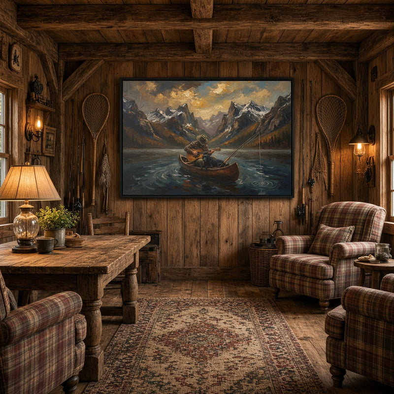 Framed canvas wall art of guitar-playing dog in a small boat on mountain lake